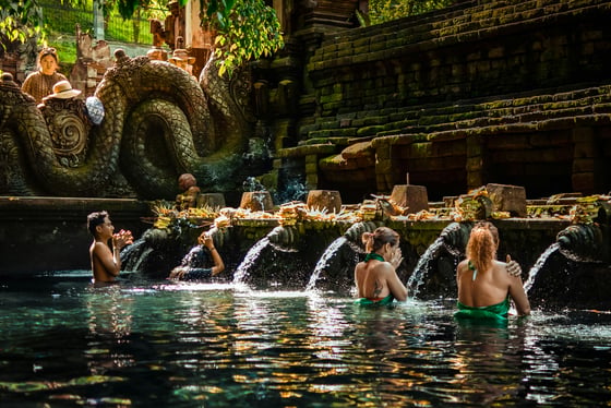 Ceremony à Tirta Empul avec guide francophone pour une purification spirituelle.